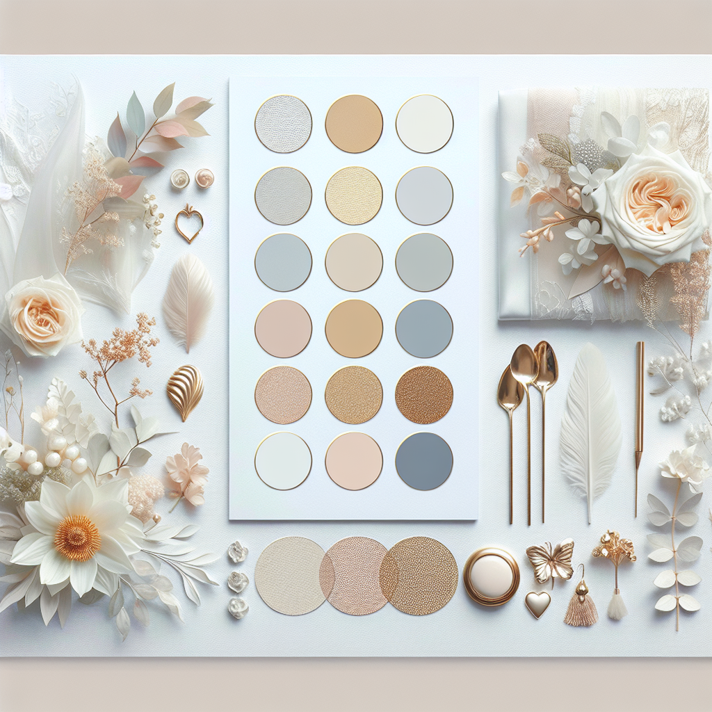 Palette de couleurs élégantes pour mariage, combinant le blanc, le crème, le doré, l'argenté et des touches de rose poudré et de bleu doux.