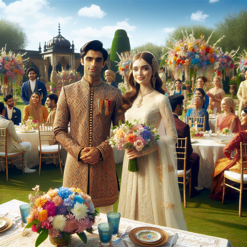 Couple de mariés dans un mariage en plein air avec des décorations détaillées et des invités heureux en arrière-plan