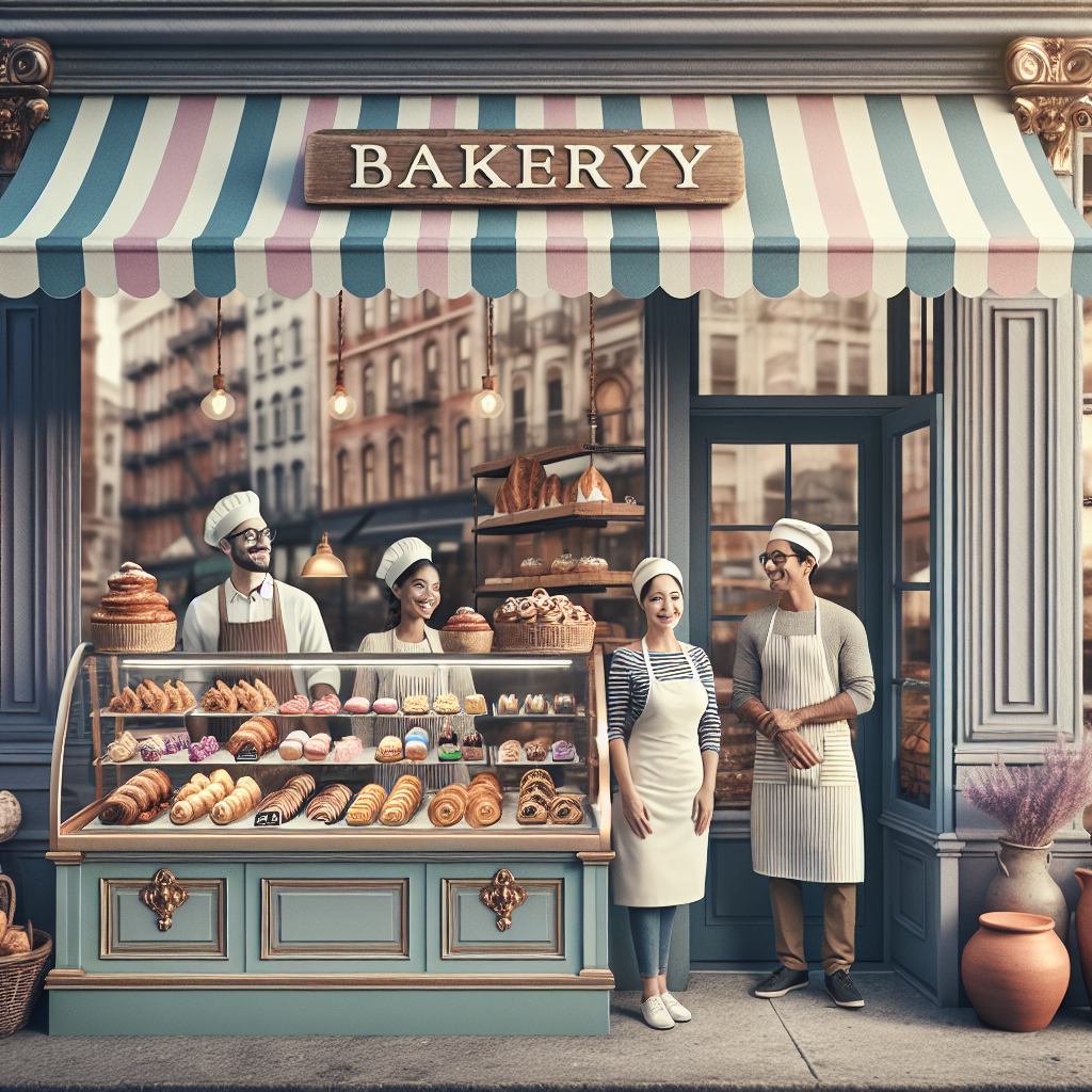 Une devanture de pâtisserie locale accueillante avec une variété de pâtisseries colorées et des boulangers souriants prêts à servir.