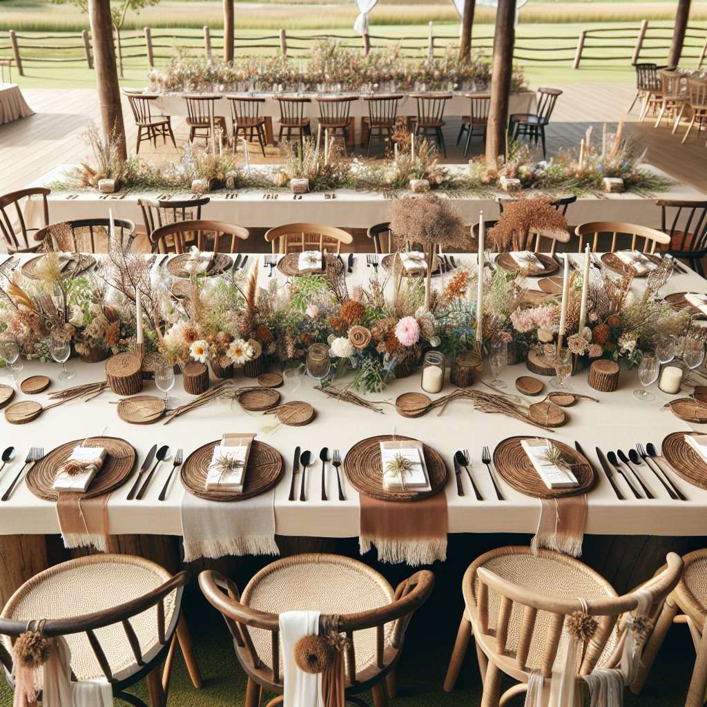 Un plan de table bien conçu pour un mariage avec une décoration élégante et un thème champêtre. Les invités sont assis harmonieusement autour de la table.