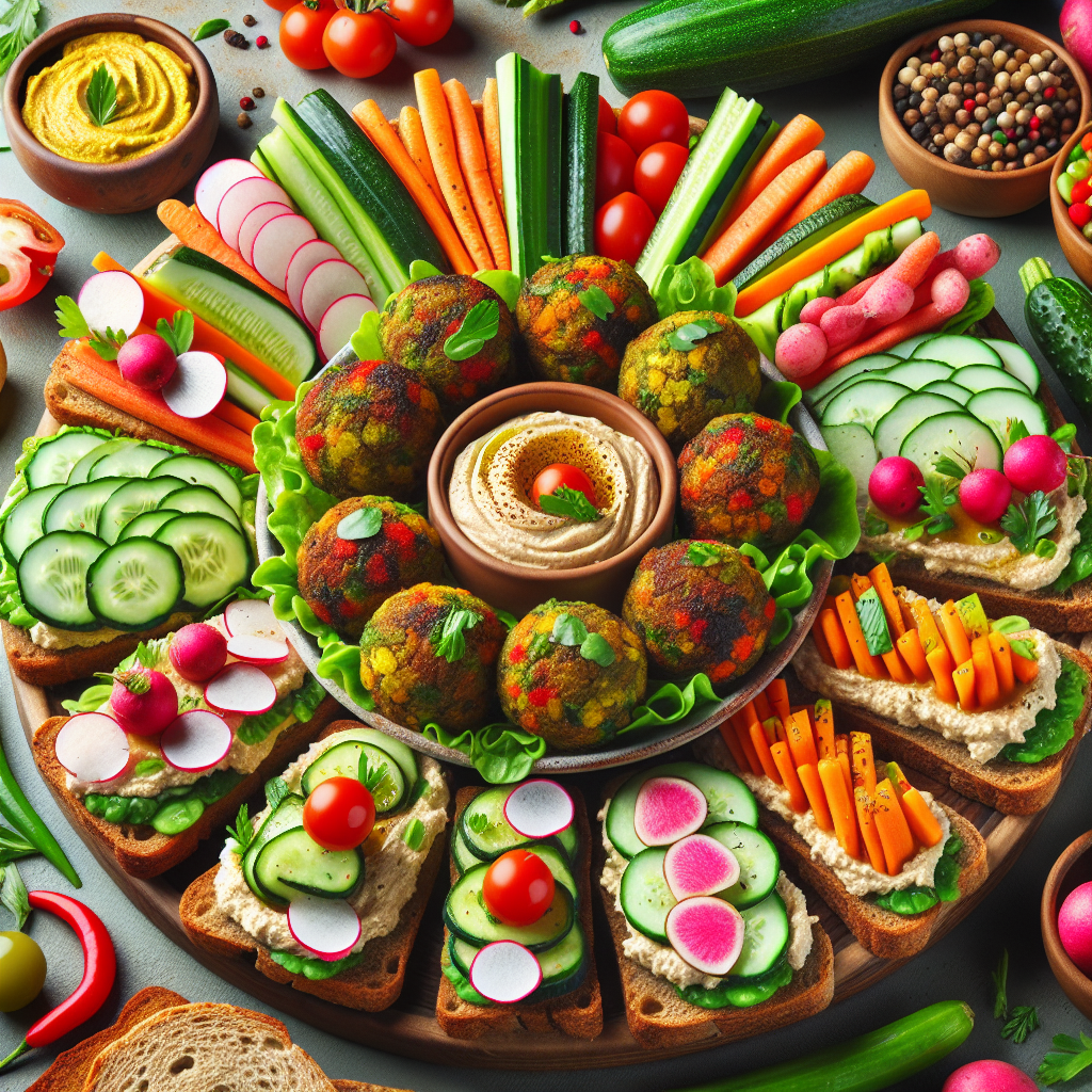 Un plat magnifiquement disposé avec des boulettes de légumes maison et des toasts colorés garnis d'houmous et de légumes frais comme des radis, des carottes et des concombres. La scène est vibrante et appétissante.