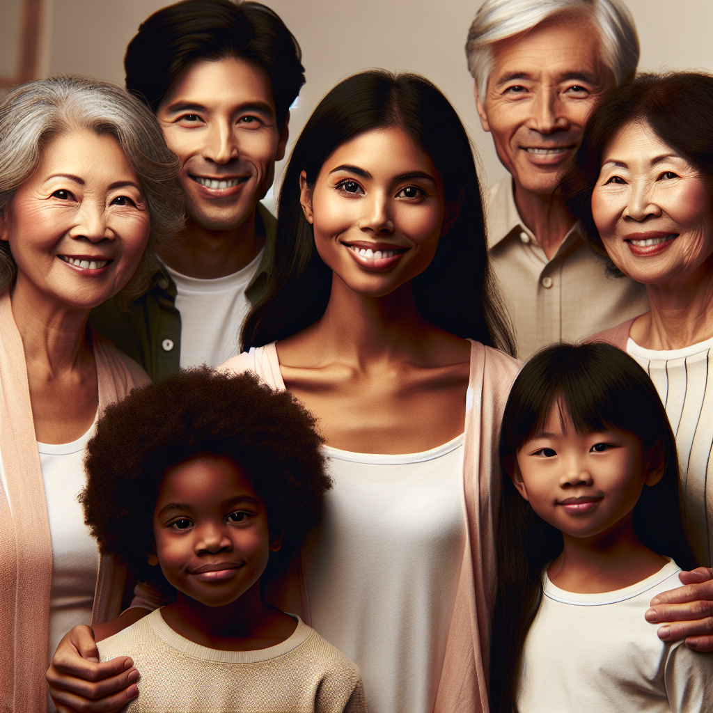 Portrait de famille montrant différents groupes familiaux, notamment un couple avec leurs grands-parents.