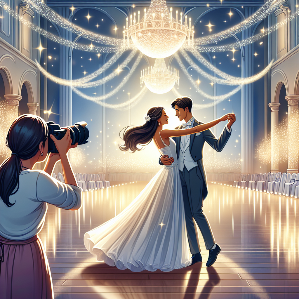 Un couple marié partageant leur première danse dans un lieu magnifiquement éclairé avec un photographe capturant le moment.