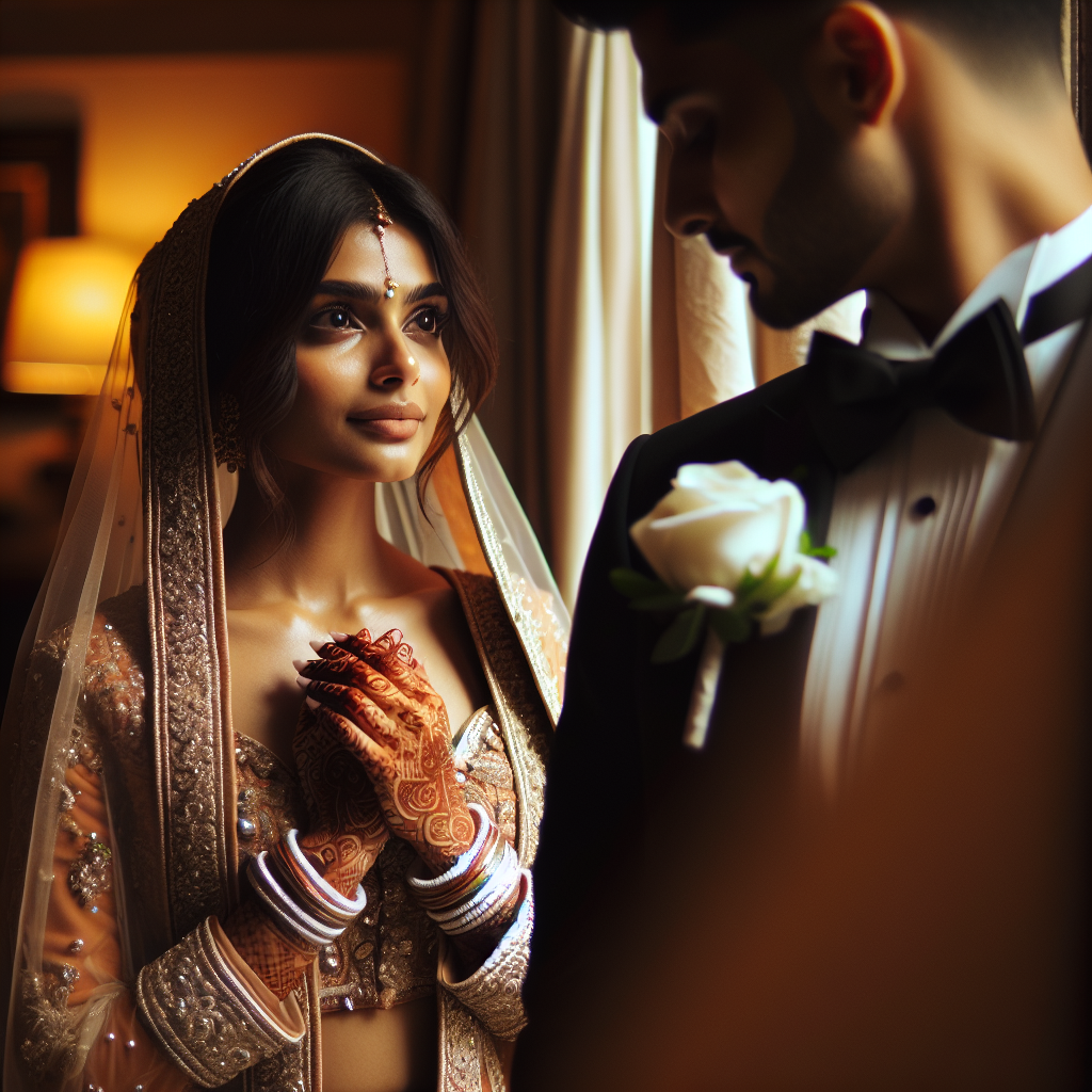 Un couple de mariés se voit pour la première fois en tenue de mariage, partageant un moment privé et émouvant avant la cérémonie.