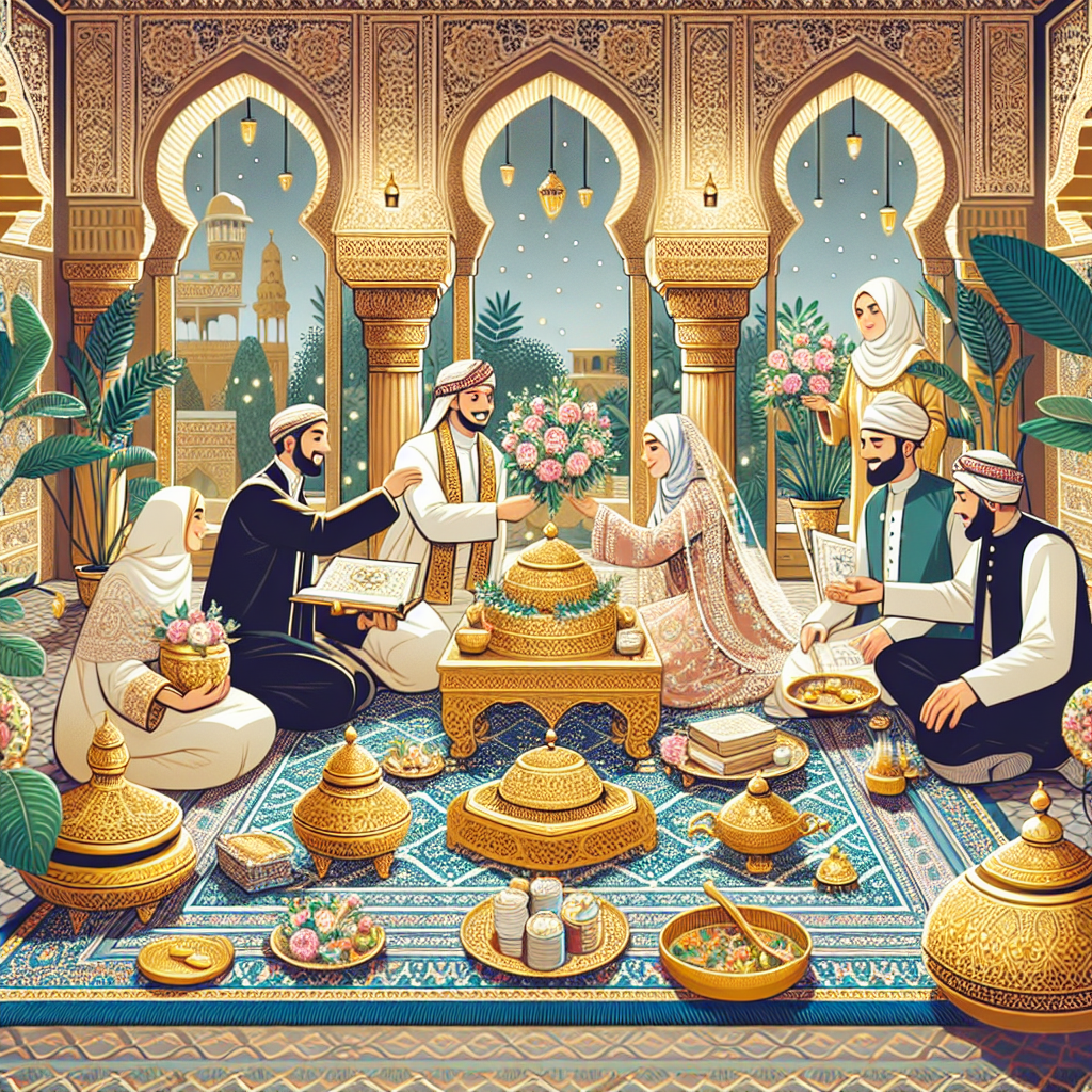 Scène de préparatifs d'un mariage islamique avec la négociation de la dot et un lieu décoré de manière festive.