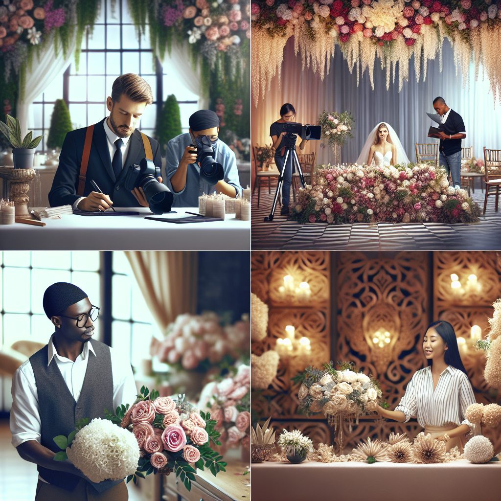 Scène de mariage avec des professionnels tels qu'un photographe, un vidéaste, un fleuriste et un décorateur. Le lieu est magnifiquement décoré avec des fleurs et des éléments élégants, tandis que les professionnels capturent des moments spéciaux.
