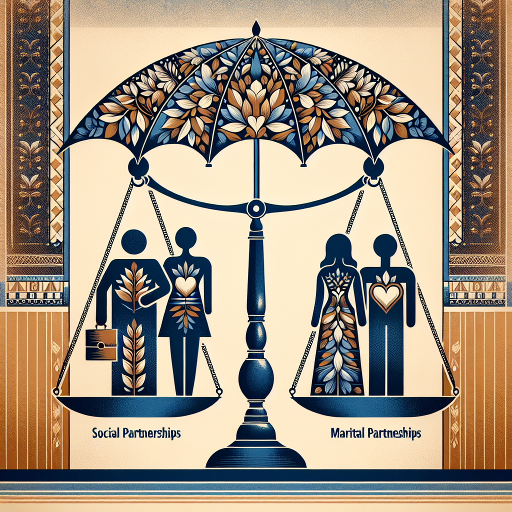 Une balance avec des icônes représentant un partenariat civil (PACS) d'un côté et un couple marié de l'autre, tous deux sous un parapluie symbolisant la sécurité sociale.