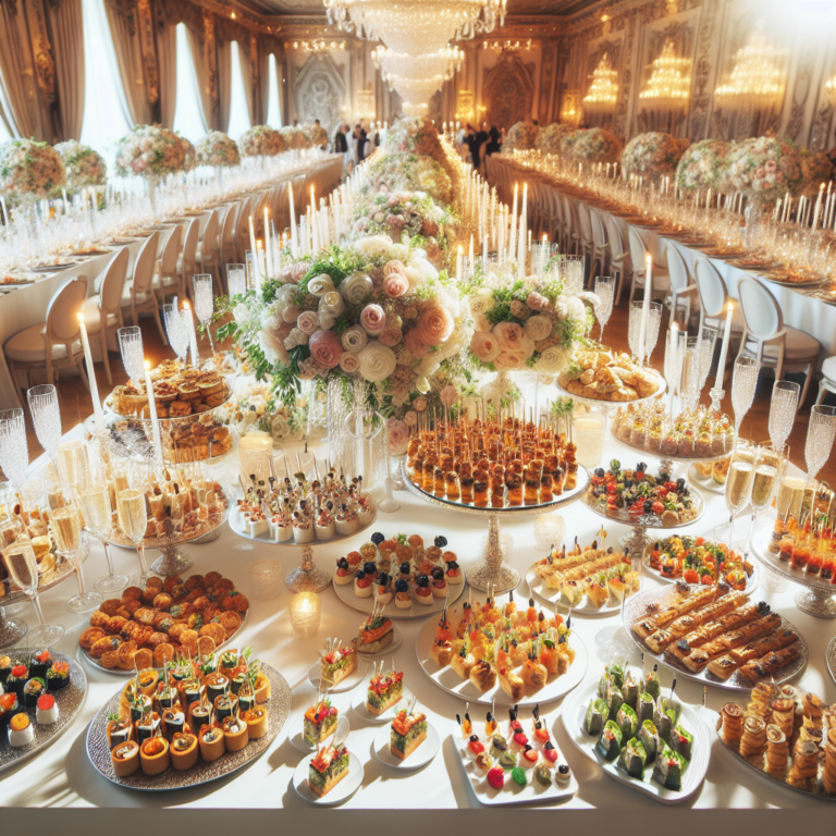 Une réception de mariage élégante avec des amuse-bouches et des verres de champagne.