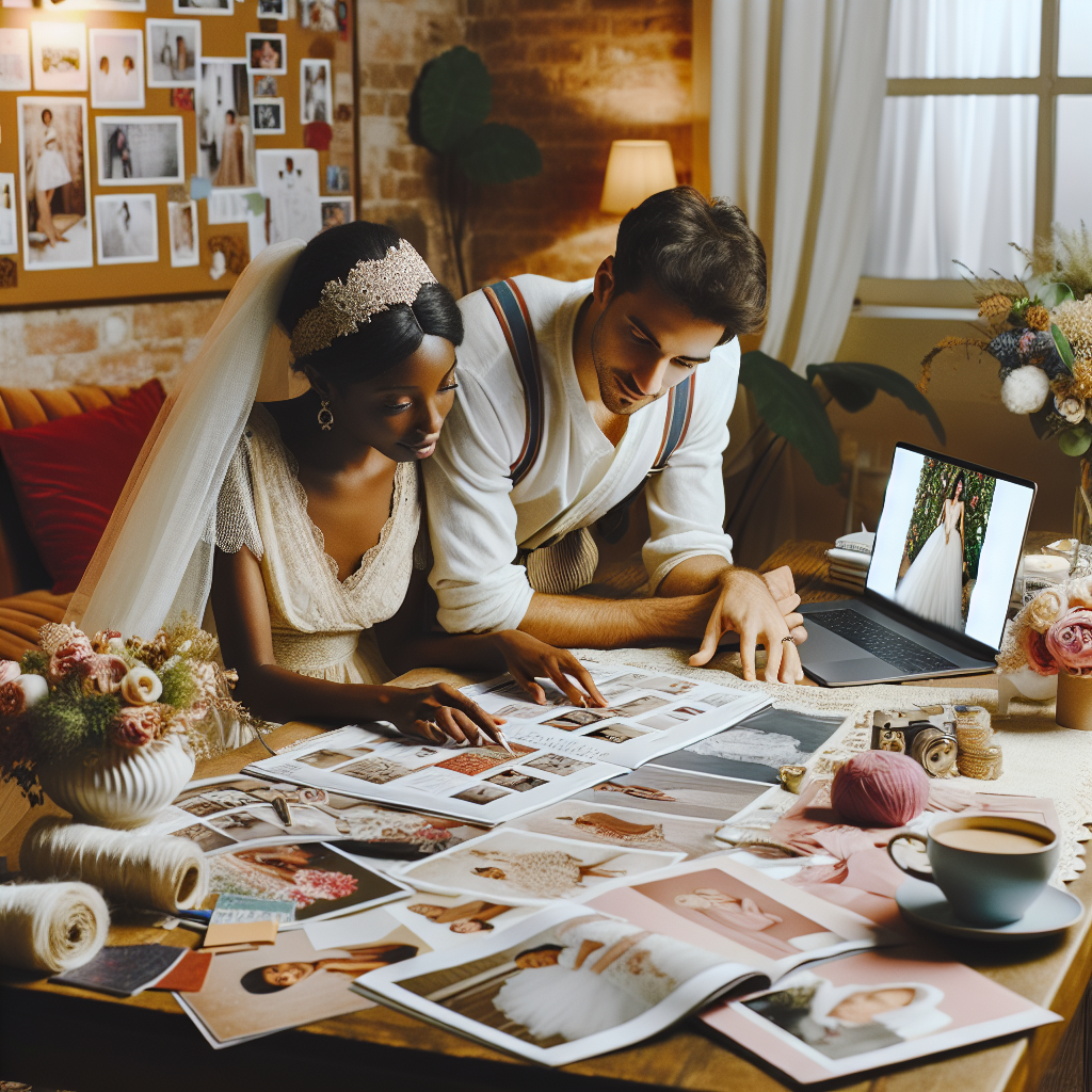 Une mariée et un marié faisant des recherches sur leur mariage à une table confortable remplie de magazines de mariage, d'un ordinateur portable affichant des sites web de mariage et d'un tableau d'inspiration avec des photos. L'atmosphère est chaleureuse et accueillante avec un éclairage doux.