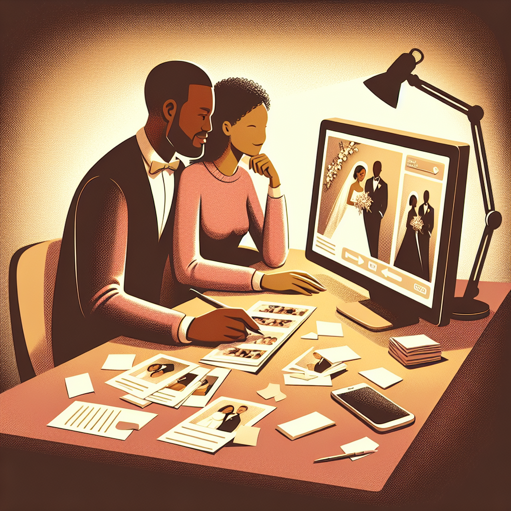Un couple regarde des photos de mariage sur un ordinateur, entouré de notes et de recommandations, avec une lumière douce et chaleureuse.