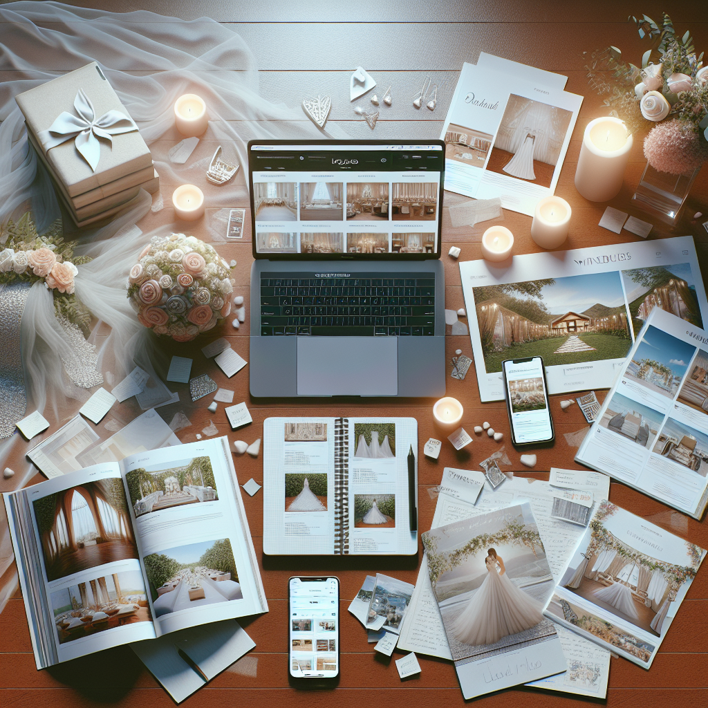 Une scène de recherche approfondie pour une salle de mariage parfaite, avec un ordinateur portable affichant des sites de lieux de mariage et un téléphone montrant des applications de réseaux sociaux avec des photos de lieux de mariage.