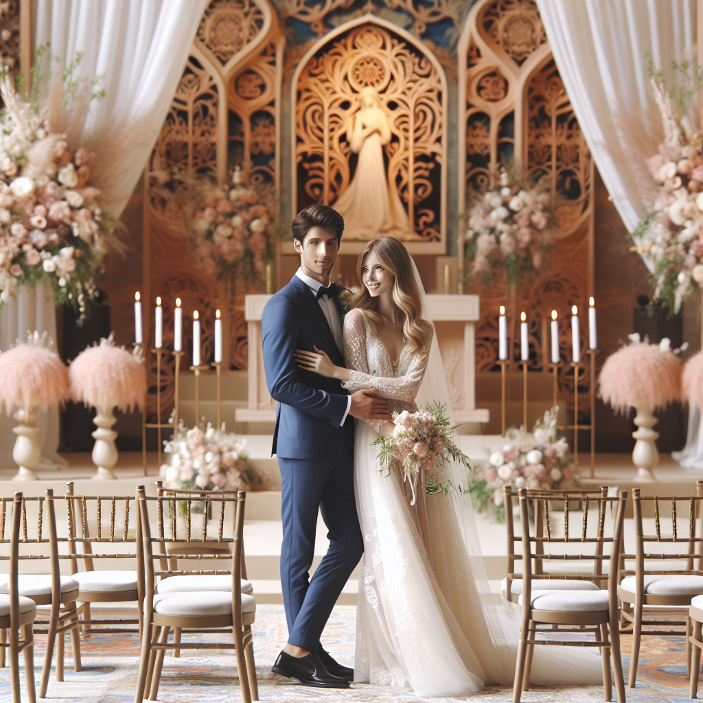 Une répétition de mariage avec un couple pratiquant leur cérémonie devant un autel décoré, entouré de sièges pour les invités.