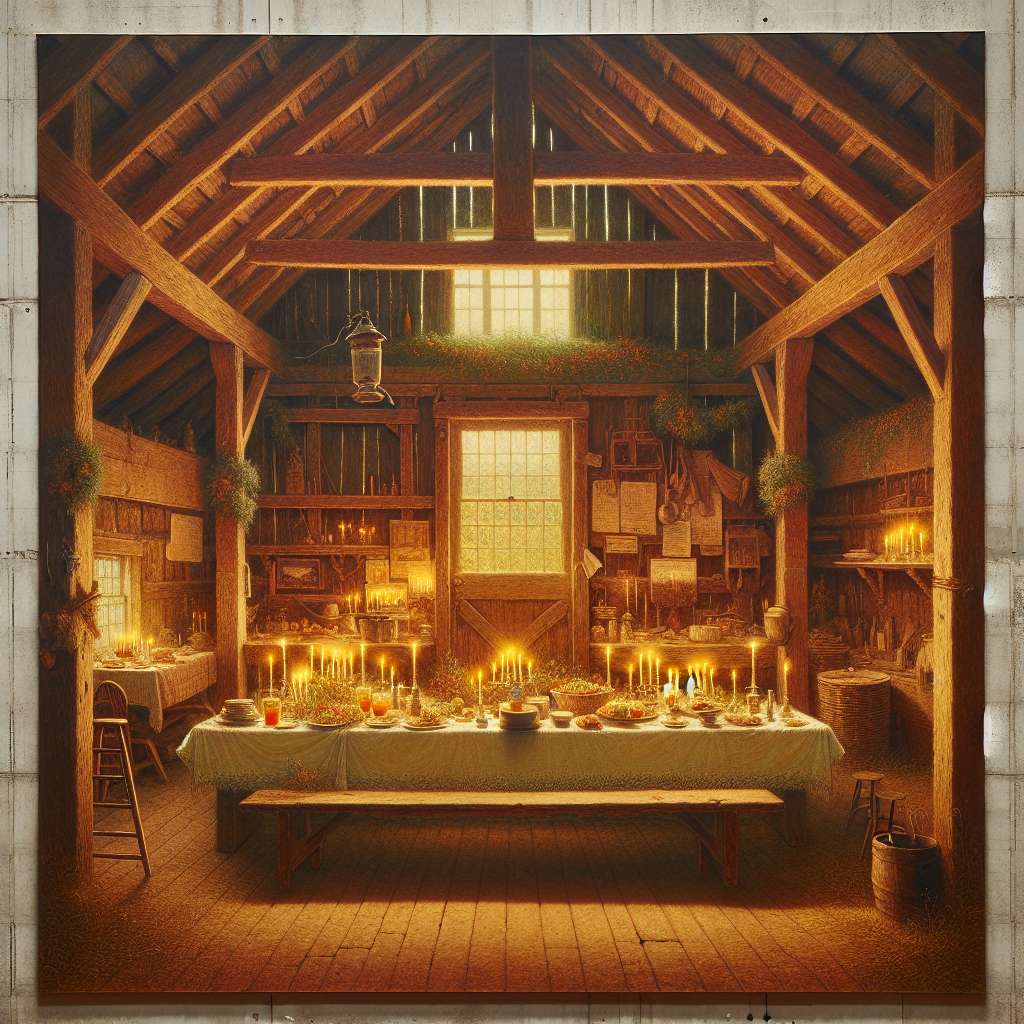 Intérieur d'une grange rustique avec quelques décorations de fête, mais sans bougies ni feux d'artifice, et des panneaux indiquant des restrictions