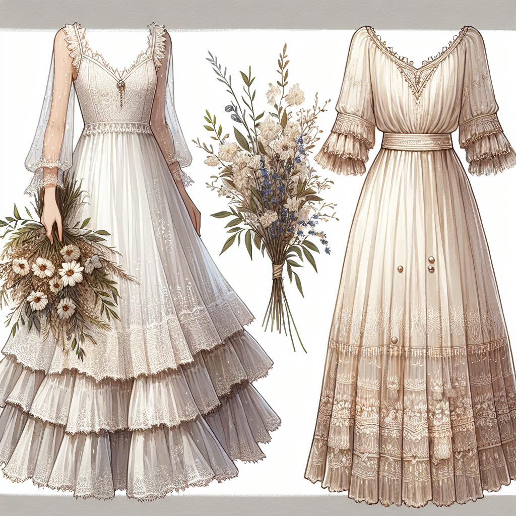 Une robe de mariage civil bohème, simple et fluide, faite de mousseline, de dentelle ou de lin avec des détails subtils comme des broderies, des petites perles ou des volants.