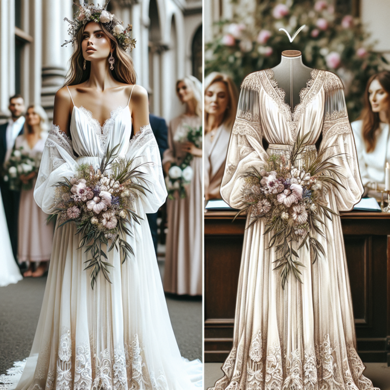 Robe de mariage bohème portée par une mariée lors d'une cérémonie civile, mettant en valeur des tissus légers et des détails en dentelle.