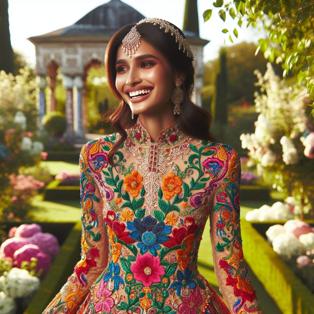 Une mariée heureuse portant une robe de mariage colorée dans un cadre extérieur