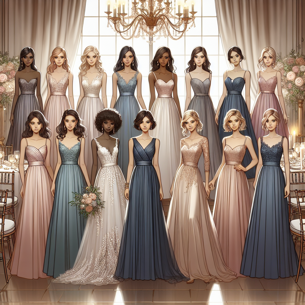 Des robes élégantes pour les demoiselles d'honneur avec différentes couleurs et styles, incluant des robes longues et fluides ainsi que des robes mi-longues avec des détails en dentelle, sur un fond thématique de mariage.