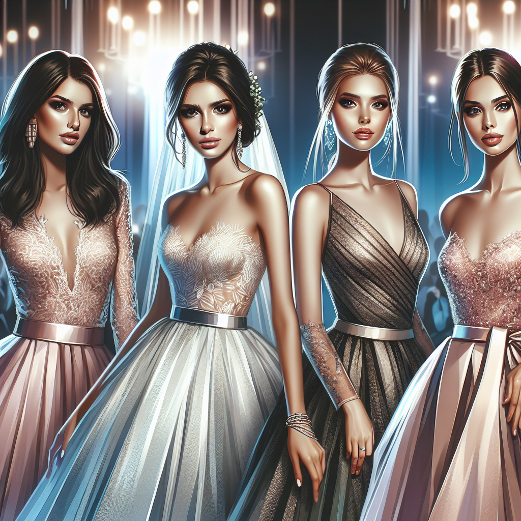 Une scène élégante présentant un groupe diversifié de femmes portant des robes de soirée de mariage tendance. Les robes varient de longues et glamour à des tenues plus décontractées modernes.