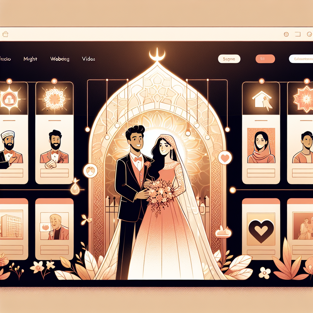 Illustration chaleureuse d'un site de mariage montrant les sections sur le couple, leur histoire et des moment importants de leur relation.