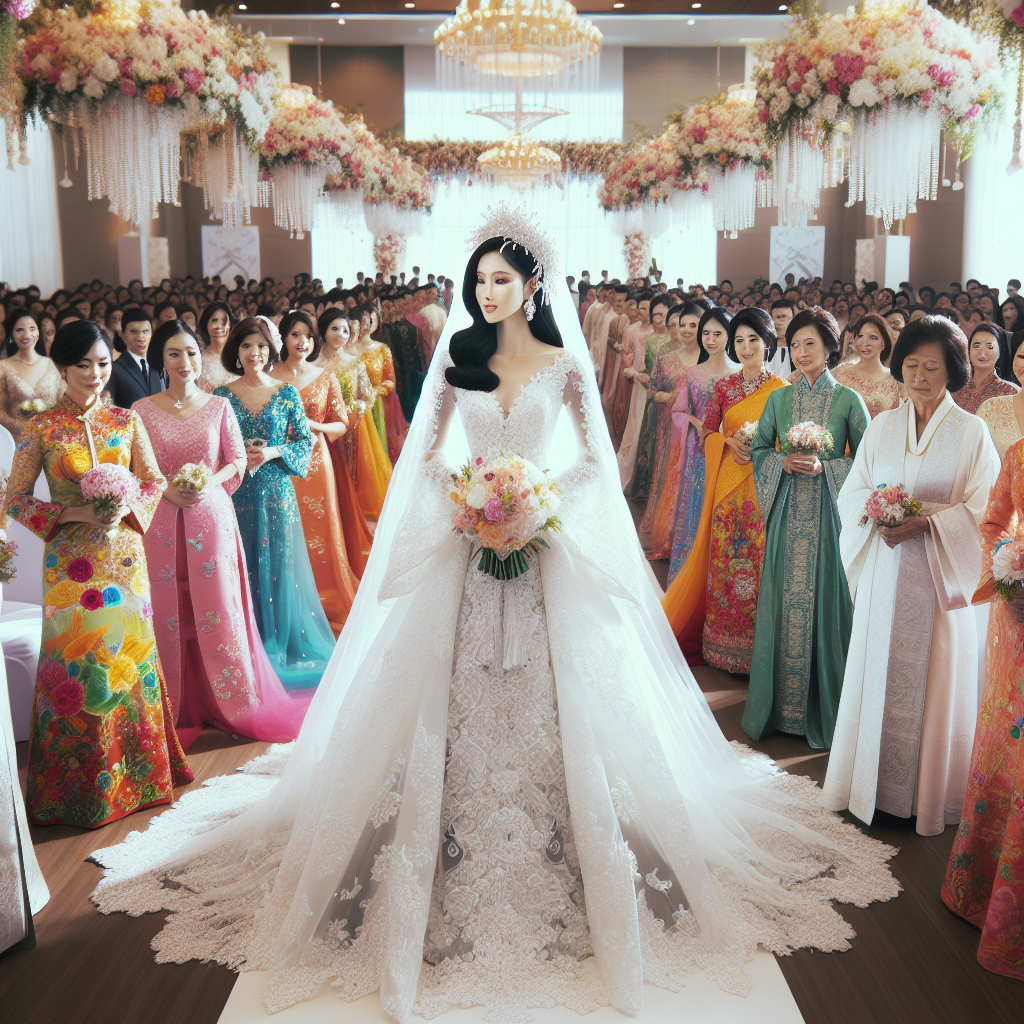 Une scène de mariage élégante avec une mariée en robe blanche entourée d'invités vêtus de tenues colorées, sauf du noir et du blanc.