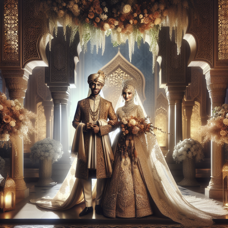 Scène de mariage islamique avec un couple en tenue traditionnelle et une atmosphère sereine