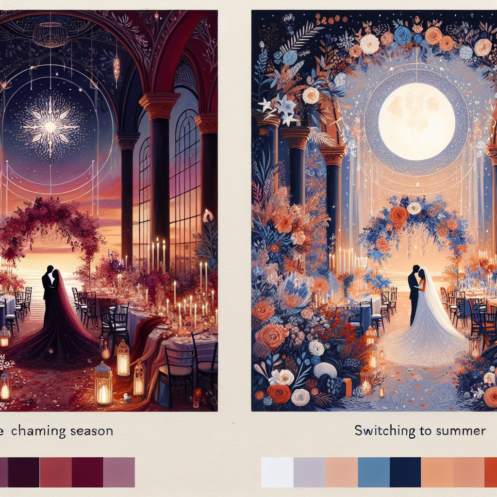 Scène de mariage montrant l'influence saisonnière sur le choix des couleurs, avec des tons sombres en hiver et des teintes vives en été