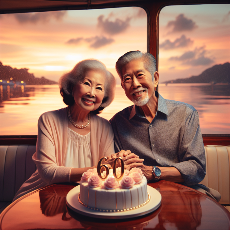 Couple senior célébrant leur 60e anniversaire de mariage lors d'une croisière au coucher du soleil