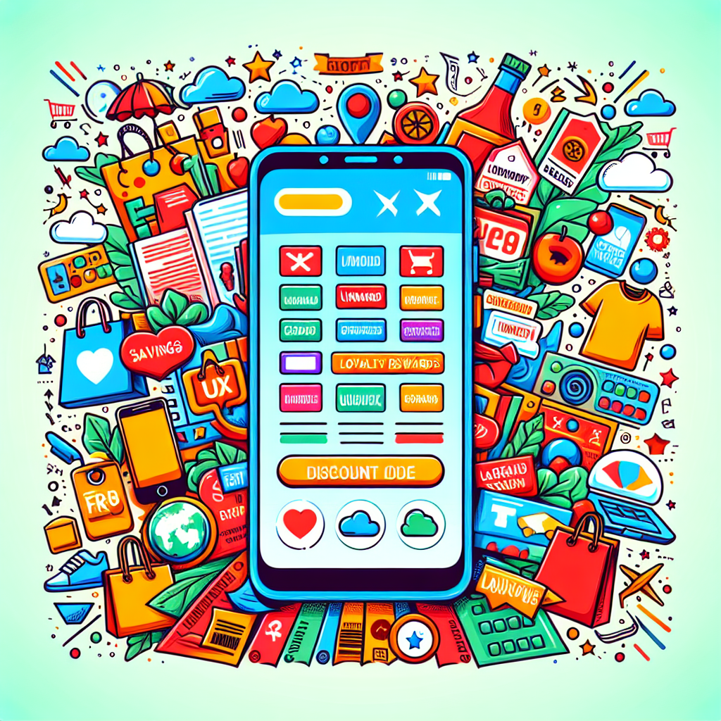 Un écran de smartphone affichant une application de shopping avec des codes de réduction et un programme de fidélité, entouré d'articles de shopping variés.