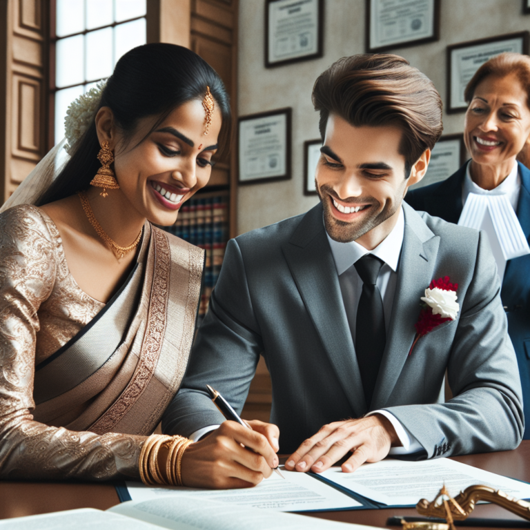 Un couple marié heureux signant des documents de mariage chez le notaire