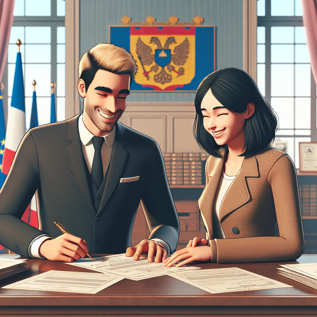 Un couple français signant un certificat de mariage au bureau de l'administration, avec des formulaires officiels et des documents sur le bureau, représentant les obligations légales.