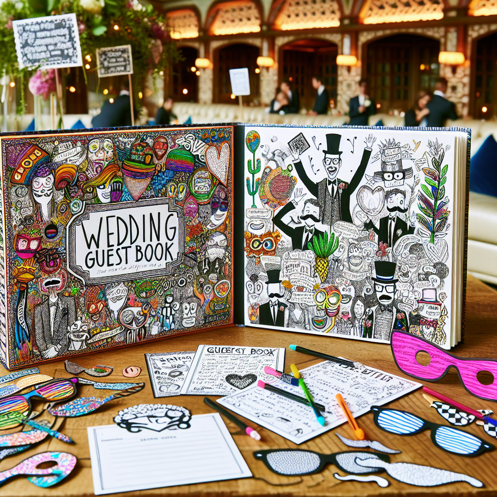 Un livre d'or créatif de mariage avec des entrées humoristiques et artistiques des invités, accompagné d'un photobooth festif avec des accessoires imprimés amusants comme des lunettes, des moustaches et des chapeaux.