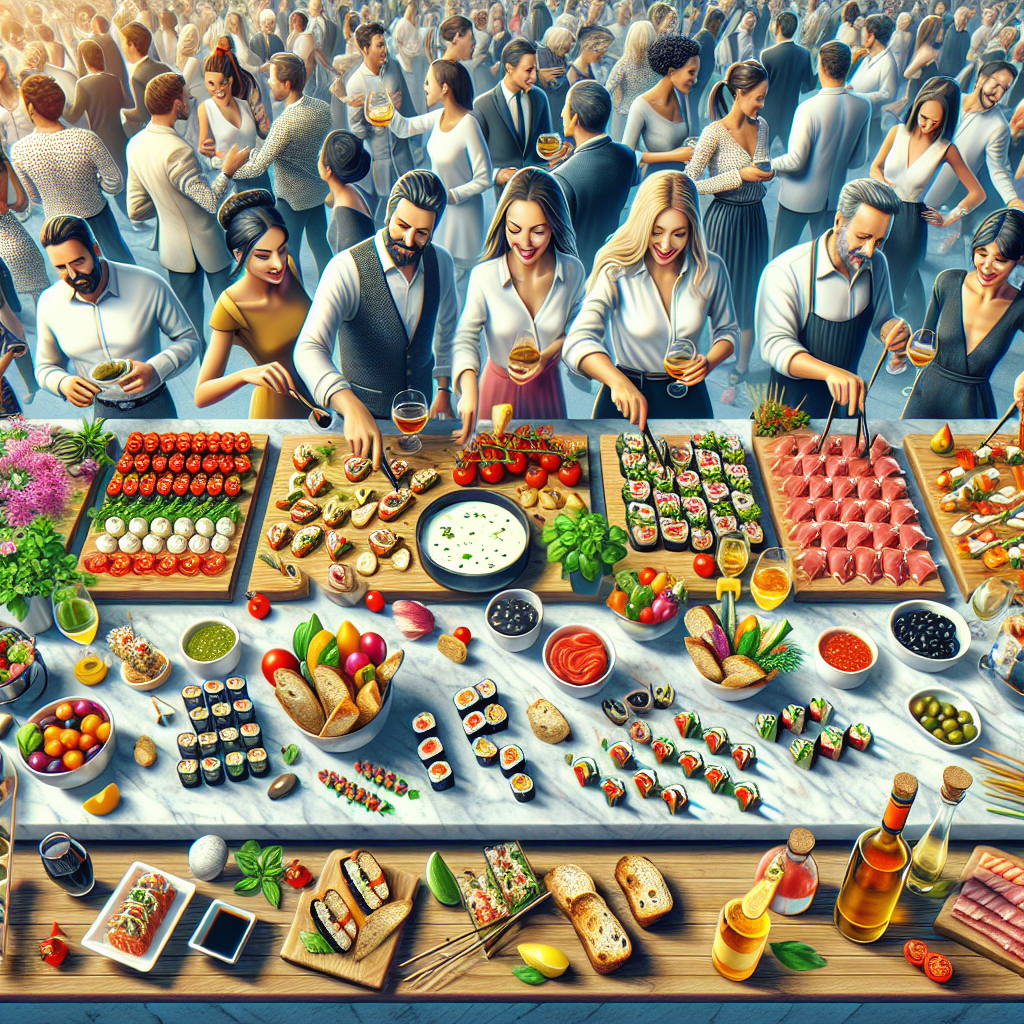 Une station d'apéritif interactive avec un bar à bruschettas et un bar à sushis, où les invités peuvent choisir leurs propres ingrédients et composer leurs propres bouchées délicieuses.