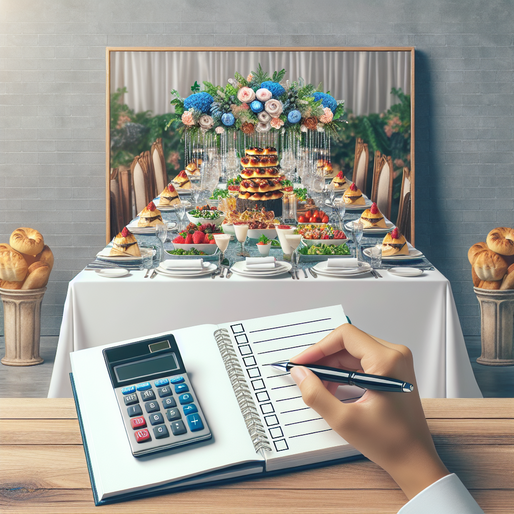 Table de restaurant élégante en plein air avec une calculatrice et une liste de contrôle à proximité, montrant différentes options de repas.