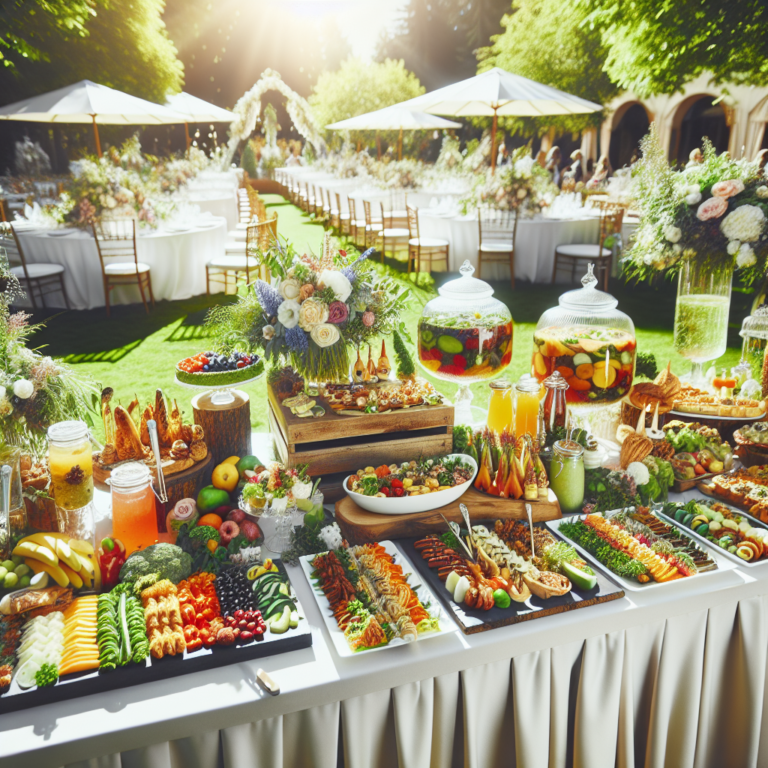 Table de buffet de mariage en extérieur avec plats colorés et boissons maison.