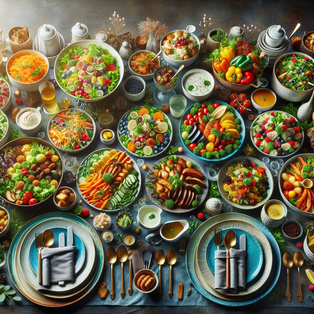 Table de buffet avec une variété de plats comprenant des salades, des plats chauds et des desserts.