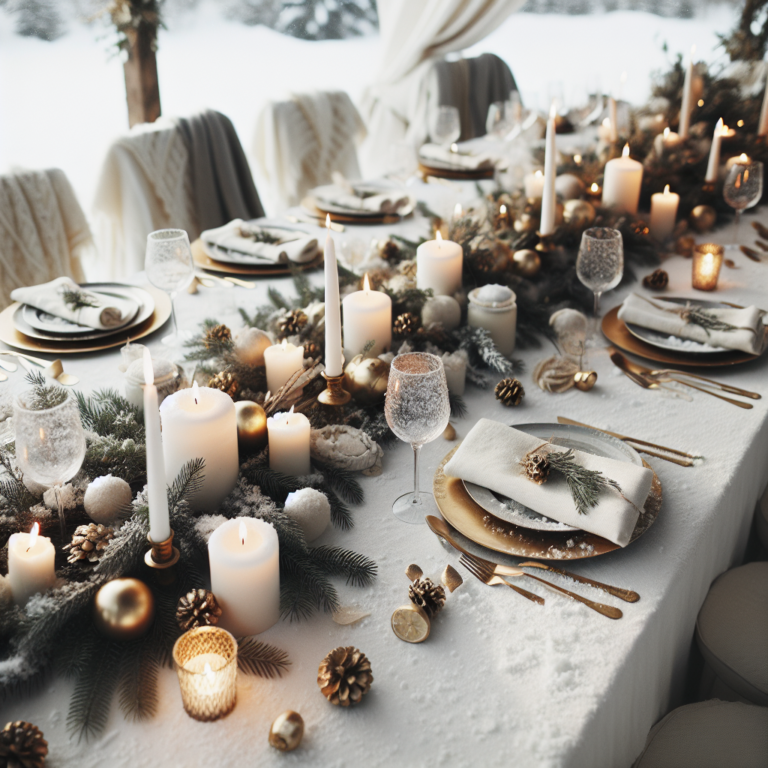 Table de mariage en hiver décorée avec des éléments naturels comme des branches de sapin et des bougies.