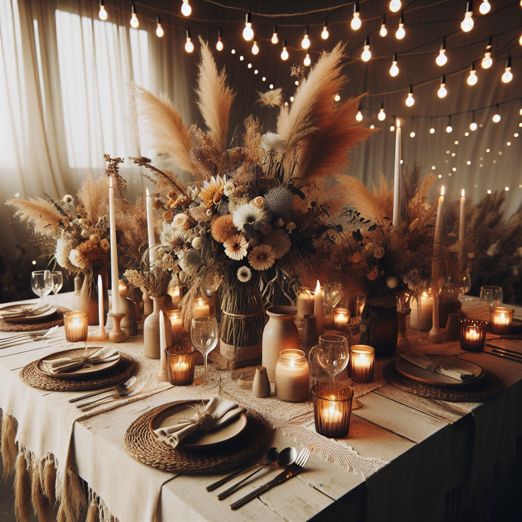 Décoration de table de mariage bohème chic avec des matériaux naturels, nappes en lin, bouquets de fleurs sauvages, pampas et bougies dans des photophores en verre ambré.