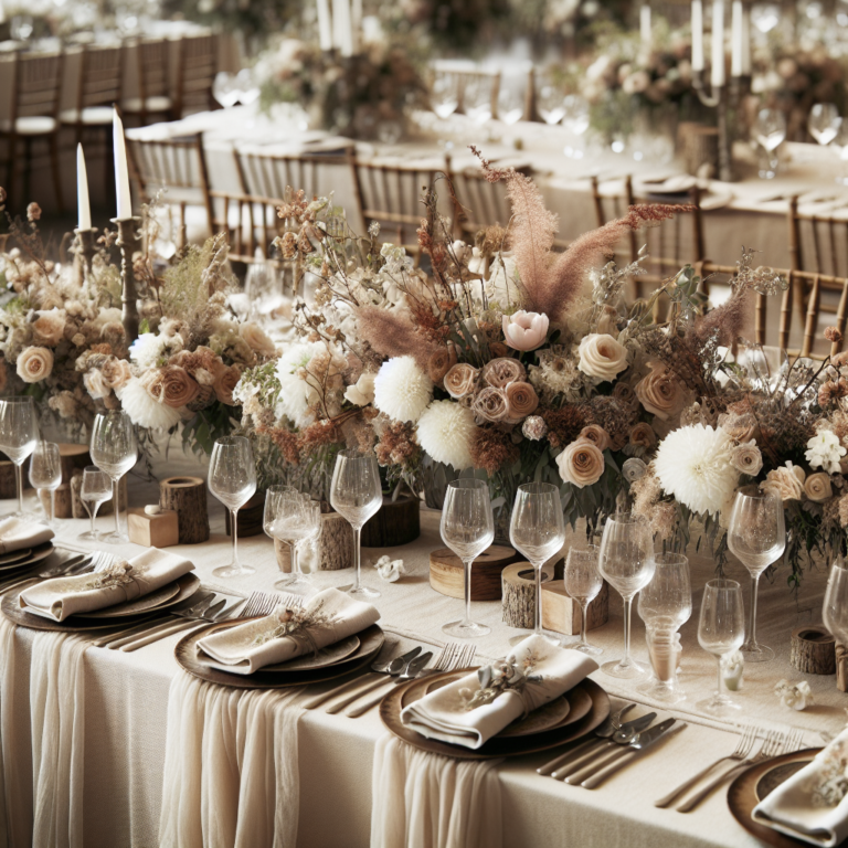 Table de mariage avec nappes élégantes en lin dans des tons naturels et des décorations florales.