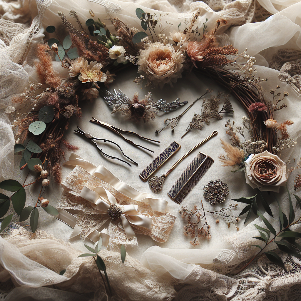 Accessoires de cheveux pour un mariage, incluant des couronnes de fleurs sechees, des epingles ornees de details vegetaux et des rubans en dentelle.