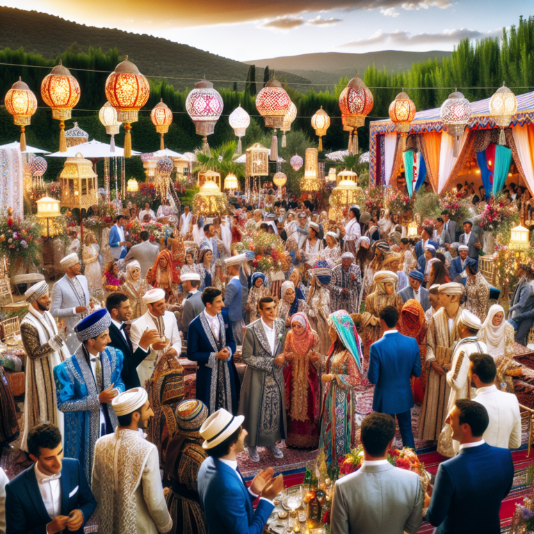Mariage traditionnel et moderne avec des décorations colorées et invités heureux dansant