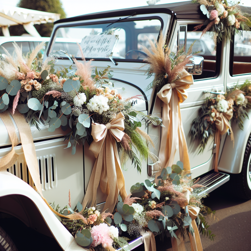 Une voiture élégamment décorée avec des bouquets de fleurs sauvages, des gypsophiles et des eucalyptus attachés au capot, aux portières et à l'arrière. Des nœuds en toile de jute et des rubans en satin sont attachés aux rétroviseurs, à la grille et aux essuie-glaces, avec des pancartes personnalisées sans texte.