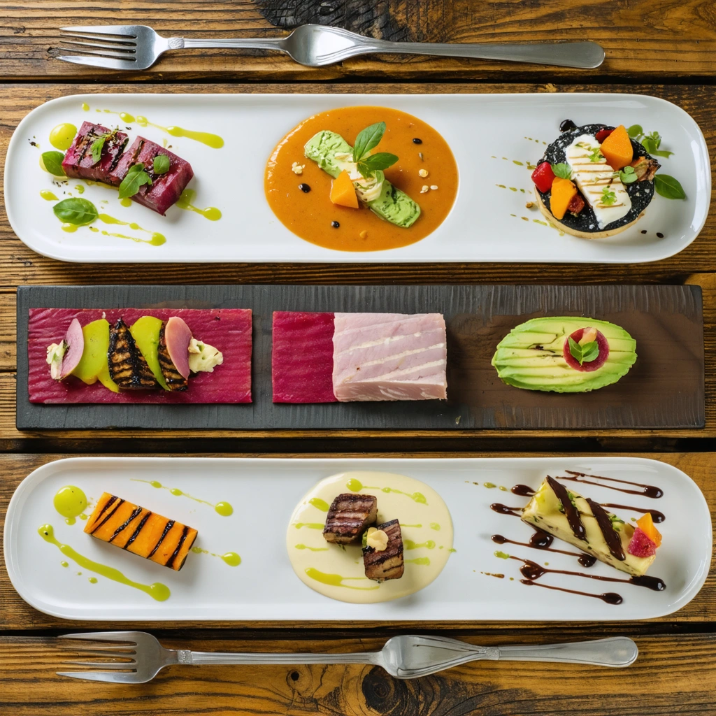 Assortiment de plats sans produits laitiers : salade de légumes grillés, soupe de courge au lait de coco, filet de poisson avec sauce aux amandes et mousse au chocolat au lait de coco.