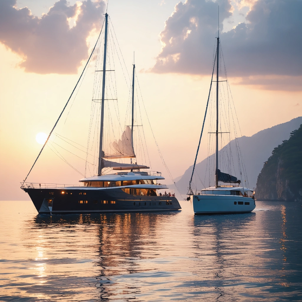 Un yacht luxueux, un voilier traditionnel et un catamaran exotique flottant sur une mer calme au coucher du soleil.