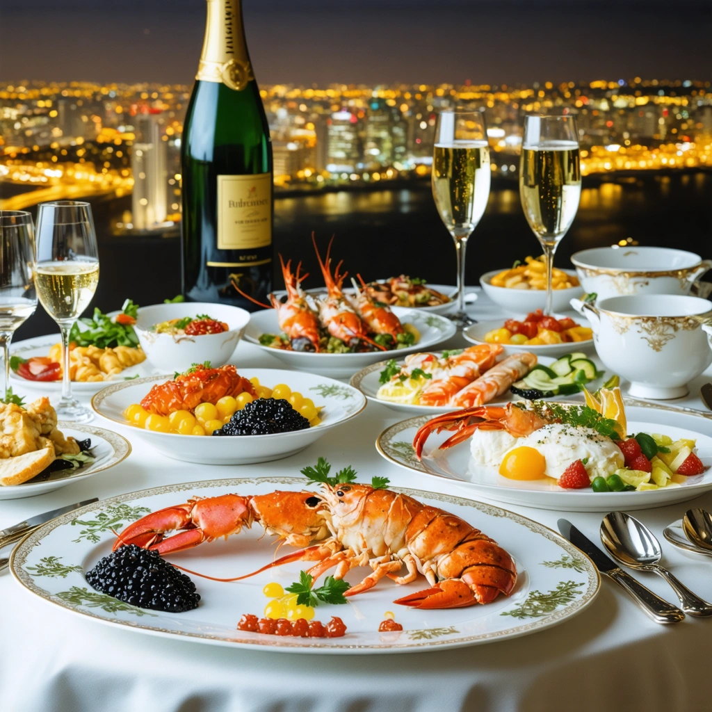 Un somptueux buffet de petit-déjeuner dans un hôtel 7 étoiles avec caviar, homard et champagne, offrant une vue panoramique sur la ville.