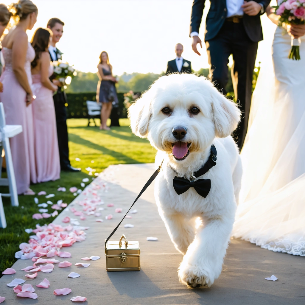 Un chien marche fièrement dans l'allée d'une cérémonie de mariage avec une petite boîte d'alliances attachée à son collier.