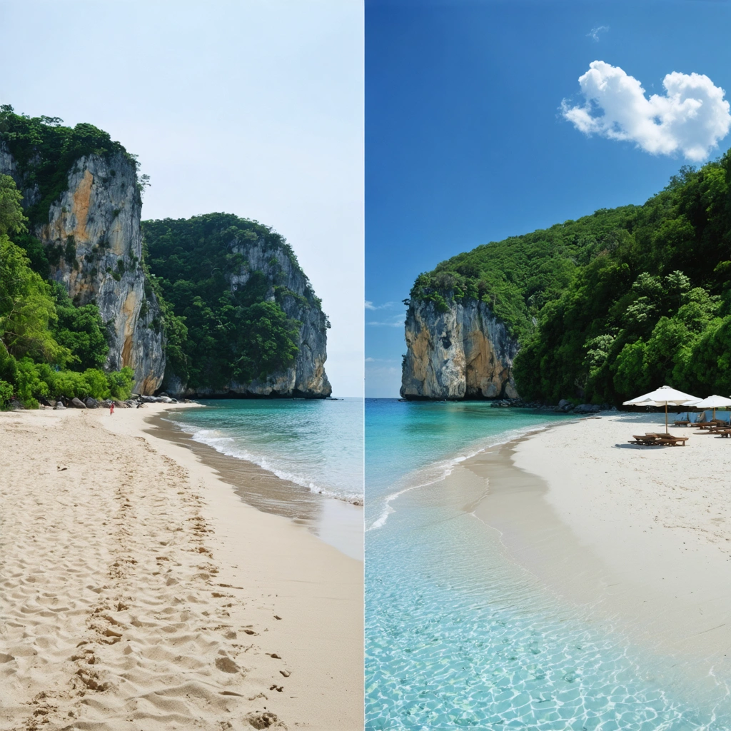 Plage divisée en deux : d'un côté une plage naturelle et sauvage avec des rochers et de la végétation, de l'autre une plage privée aménagée avec des transats et des parasols.