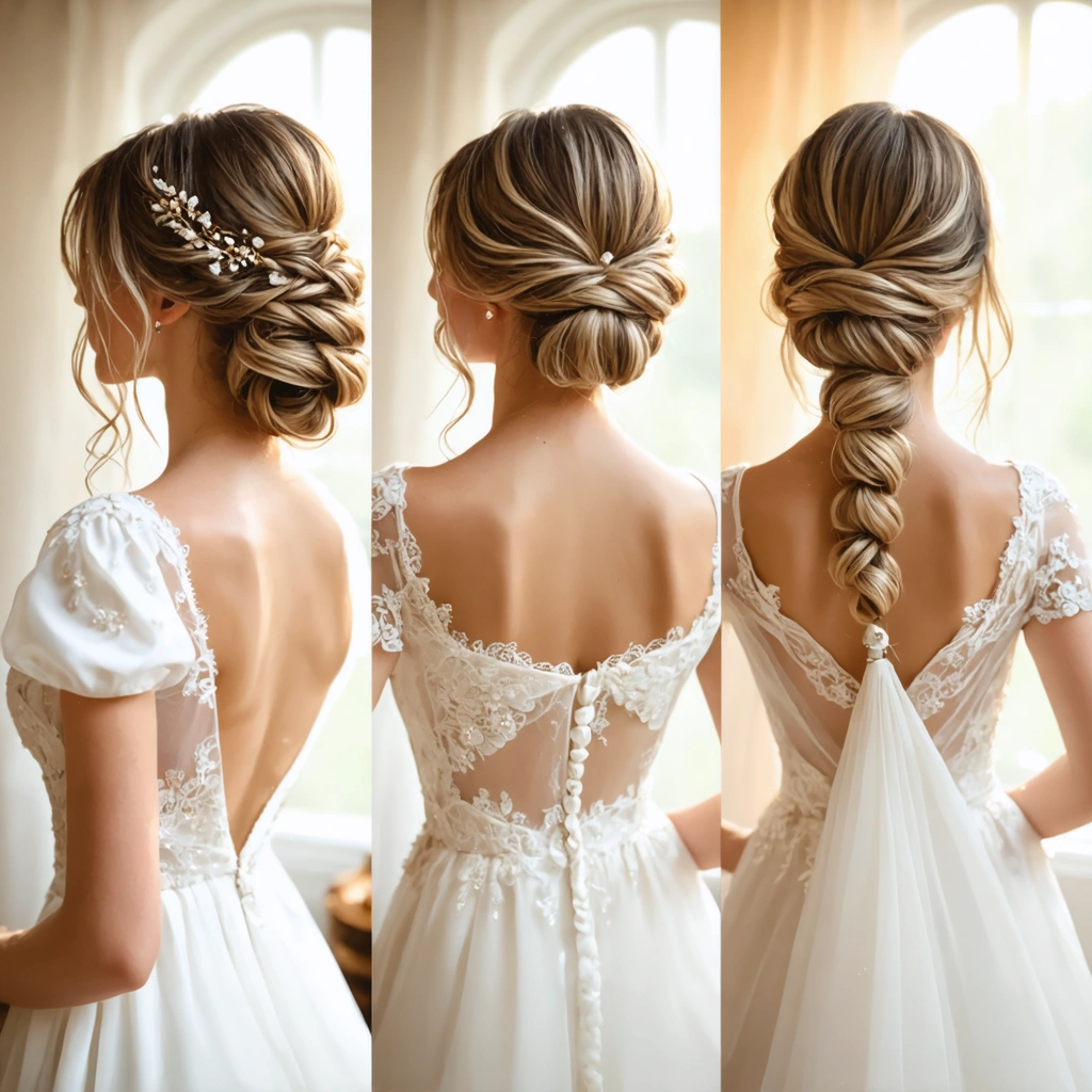 Différentes coiffures de mariage : un chignon bohème flou, un chignon élégant et une longue tresse, avec une mariée dans une ambiance romantique.