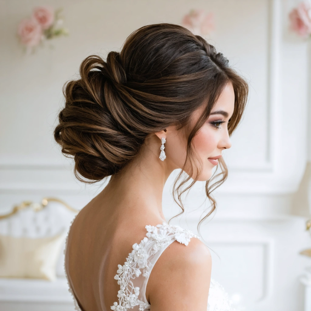 Une femme avec une coiffure de mariage élégante avec des extensions, mettant en valeur des boucles volumineuses, un chignon sophistiqué ou une tresse élégante.