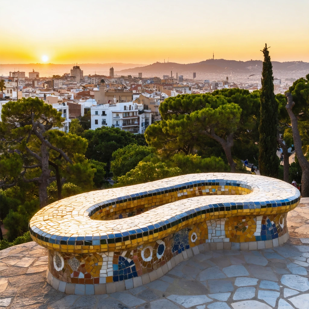 Vue spectaculaire du parc Güell au coucher du soleil, avec les mosaïques colorées et la ville de Barcelone en arrière-plan sous une lumière dorée.