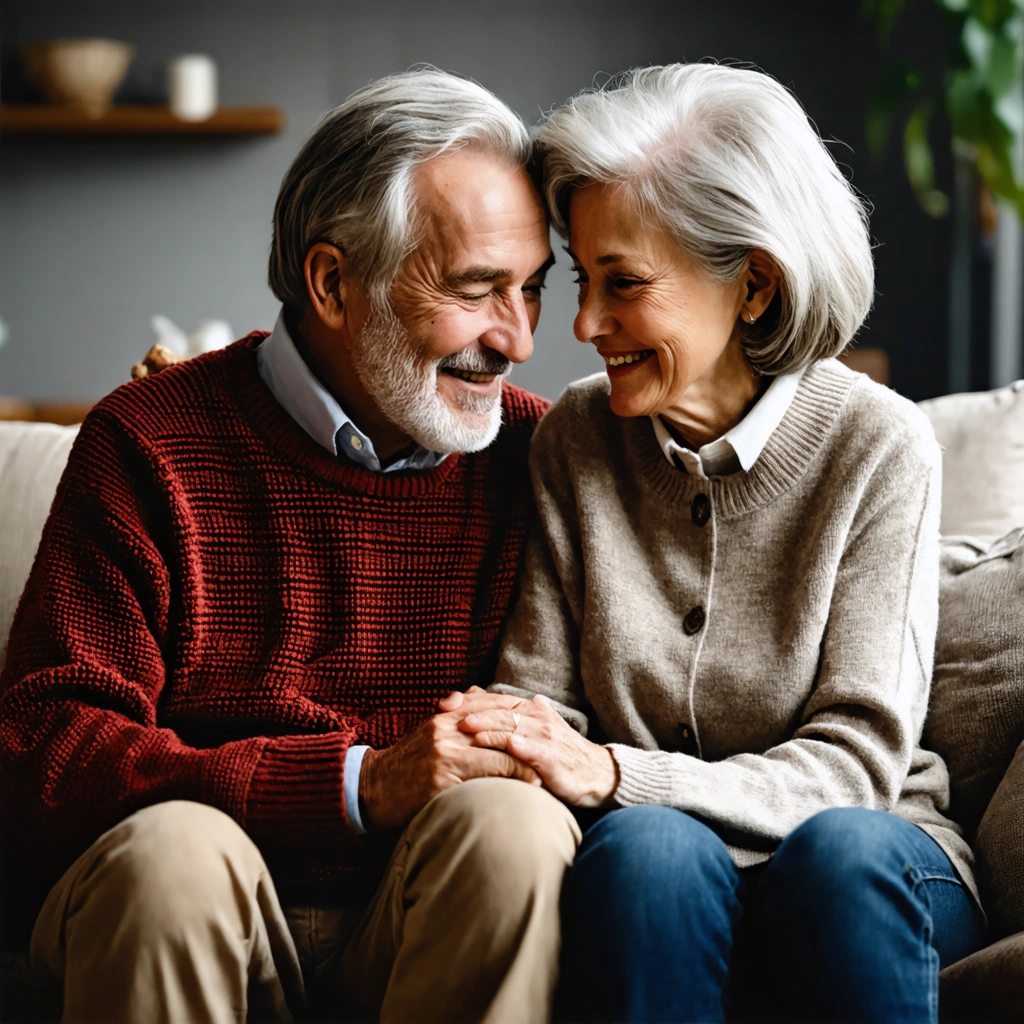 Un couple mature discute chaleureusement dans un salon confortable, reflétant complicité et engagement.